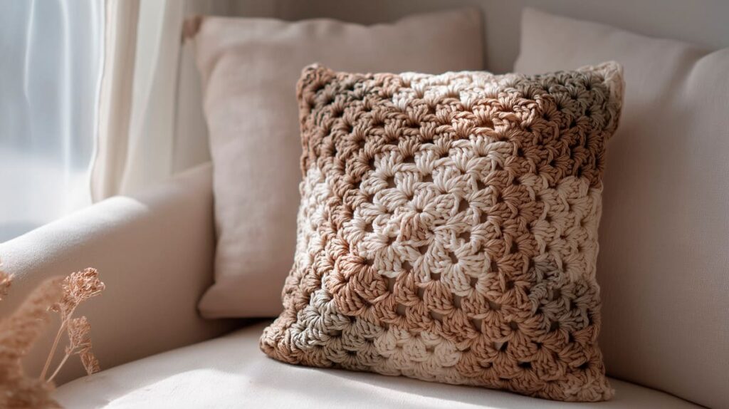 Envejecer en casa Primer plano de un sillón con tres cojines, uno de ellos de punto