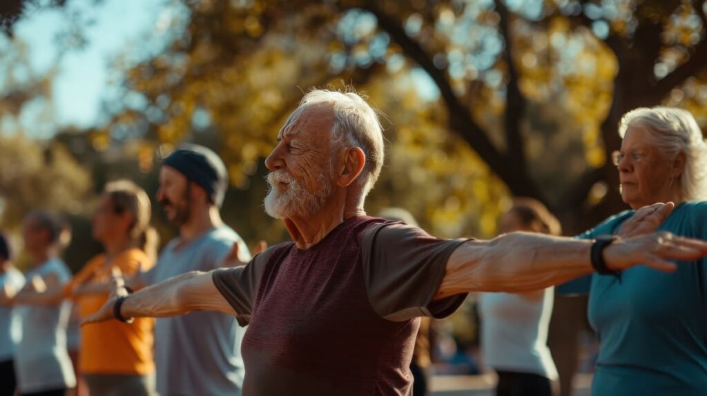Rutinas ancianos con demencia Hombre mayor realizando actividades físicas ligeras en el parque junto a un grupo de personas.