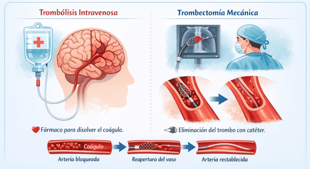 Trombósis intravenosa y trombectomía mecánica Representación Trombólisis intravenosa y trombectomía mecánica, como se abordan de forma médica cada una visualmente.