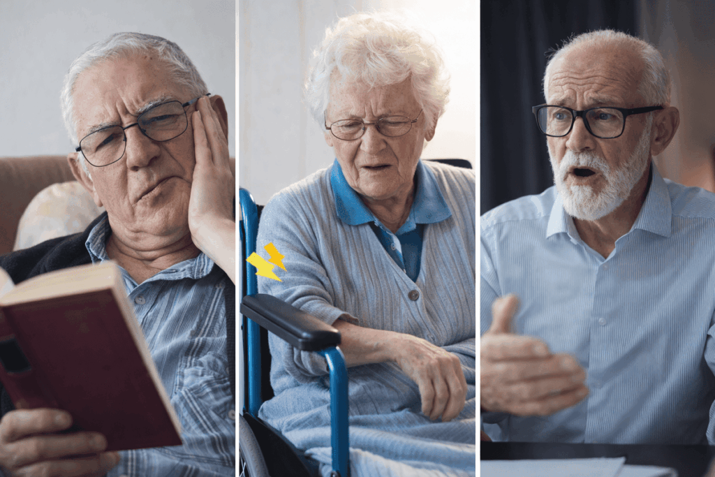 Síntomas de alarma para detectar un ictus representación en 3 personas mayores y 3 fotos Desviación de la boca. Pérdida repentina de fuerza en un brazo. Dificultad para hablar.
