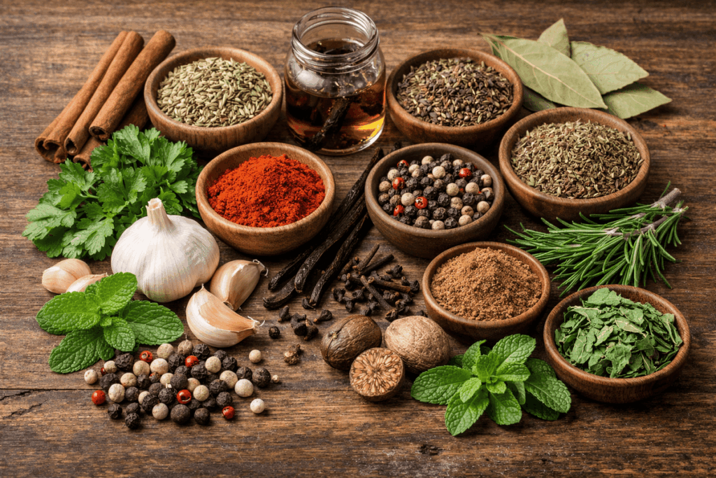 Especias dieta baja en sal Diferentes tipos de especias para sazonar las comidas y evitar el uso de sal o reducirlo en una mesa ( ajo, cilantro, nuez moscada, tomillo, laurel, pimieta,pimentón, hierbabuena, etc.)