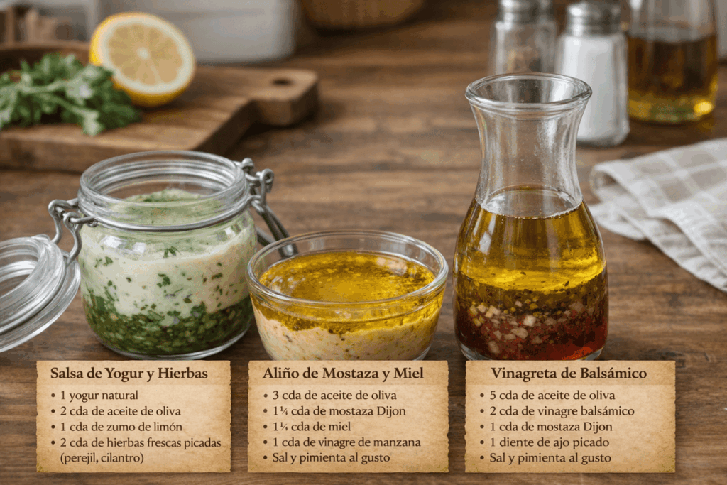 Aliños dieta baja en sal Tres opciones de aliños con la receta para una dieta baja en sal: salsa de yogurt y hierbas, aliño de mostaza y miel y vinagreta de balsámico.