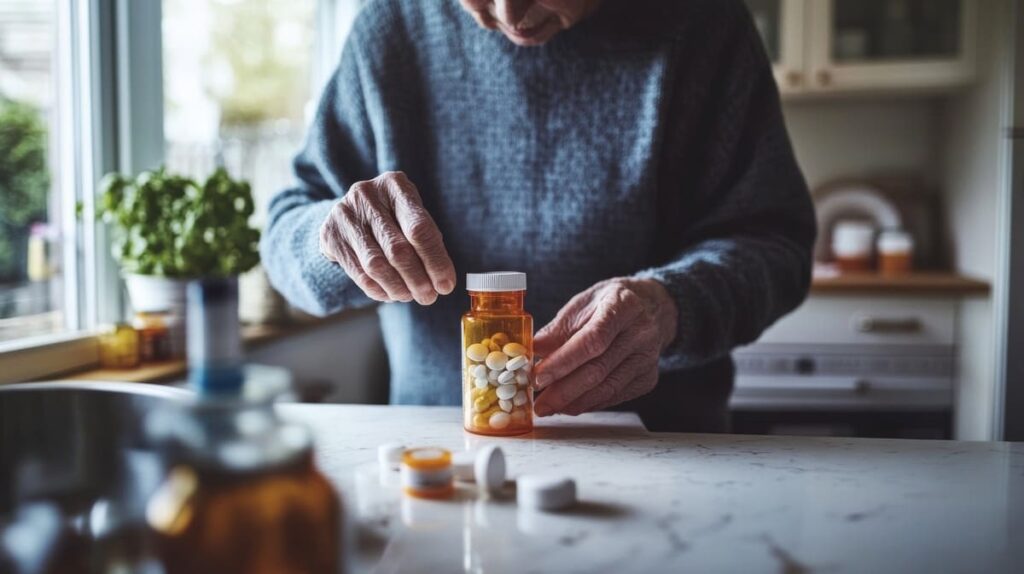Señales de que tu padre o madre no puede vivir solo Anciano tomando medicación en la cocina de su casa