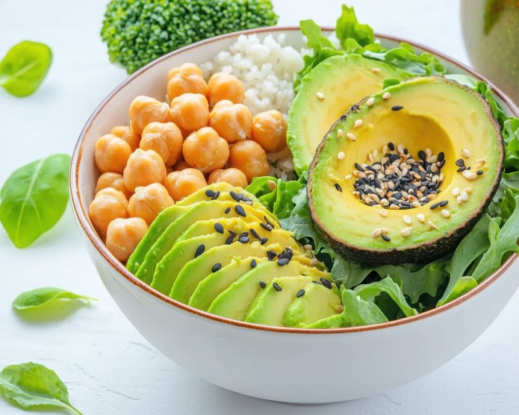 Menú semanal dieta sin sal Plato saludable y nutritivo sin sal: aguacate, arroz, garbanzos, lechuga y semillas.