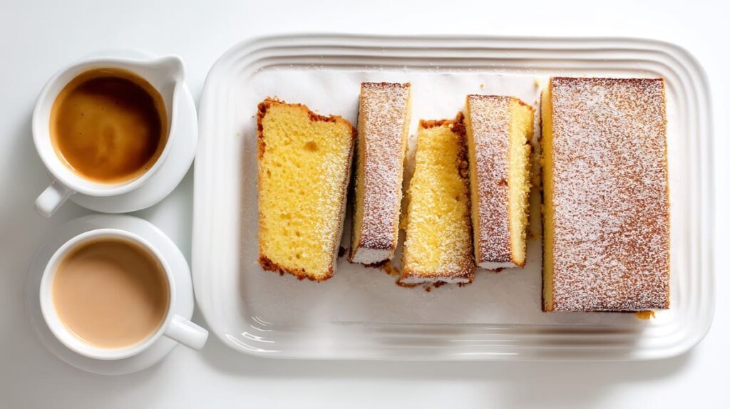 Meriendas de los abuelos coca de llanda cortada sobre una badeja blanca y en el lateral izquierdo dos cafés