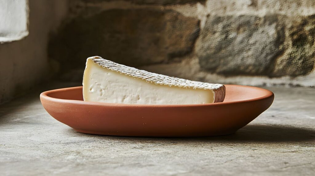 Meriendas de los abuelos Queso gallego sobre plato de barro en cocina de piedra rural.