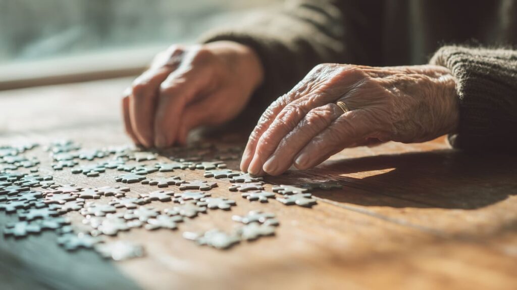 Demencia Senil Manos de persona mayor realizando un puzzle.