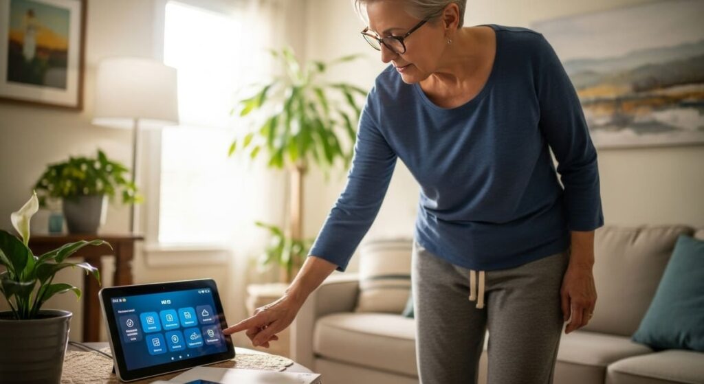 Domótica en ancianos Mujer configurando dispositivo de altavoz inteligente