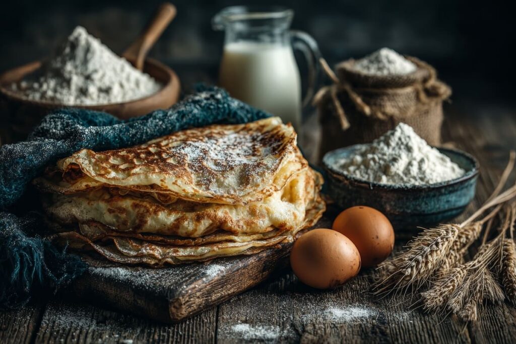Meriendas de los abuelos bodegón de frixuelos en una tabla junto a los igredietes: harina en boles de madera y cerámica, huevos, jarra de leche y azúcar