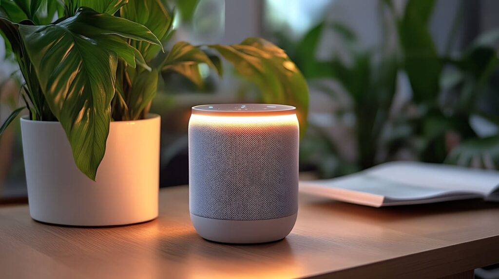 Domótica en ancianos Altavoz inteligente sobre una mesa de madera en casa con plantas al rededor y luz cálida
