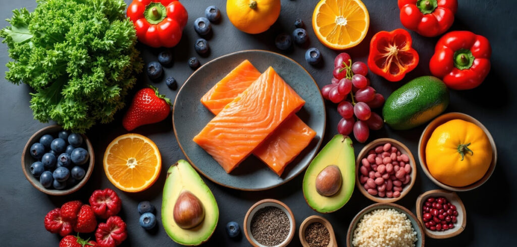 alimentos recomendados para la demencia sobre una mesa frutas, verduras, alimentos ricos en omega 3, legumbres