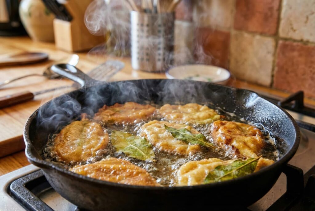 Meriendas de los abuelos Sartén de hierro friendo postre típico de la región de Murcia, paparajotes