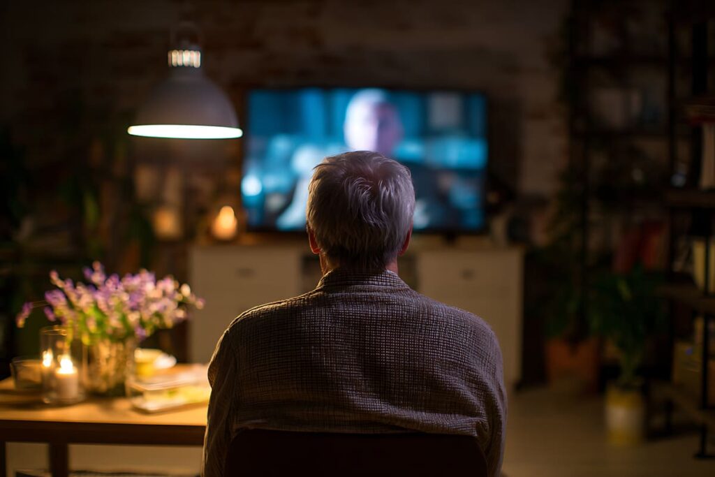 rutinas saludables del sueño ancianos Hombre mayor viendo la televisión por la noche
