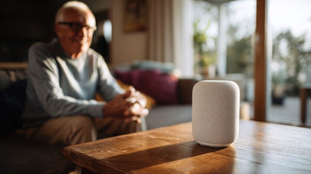 Domótica en ancianos en primer plano un altavoz inteligente y en segundo plano más difuminado un hombre mayor con expresión alegre escuchado