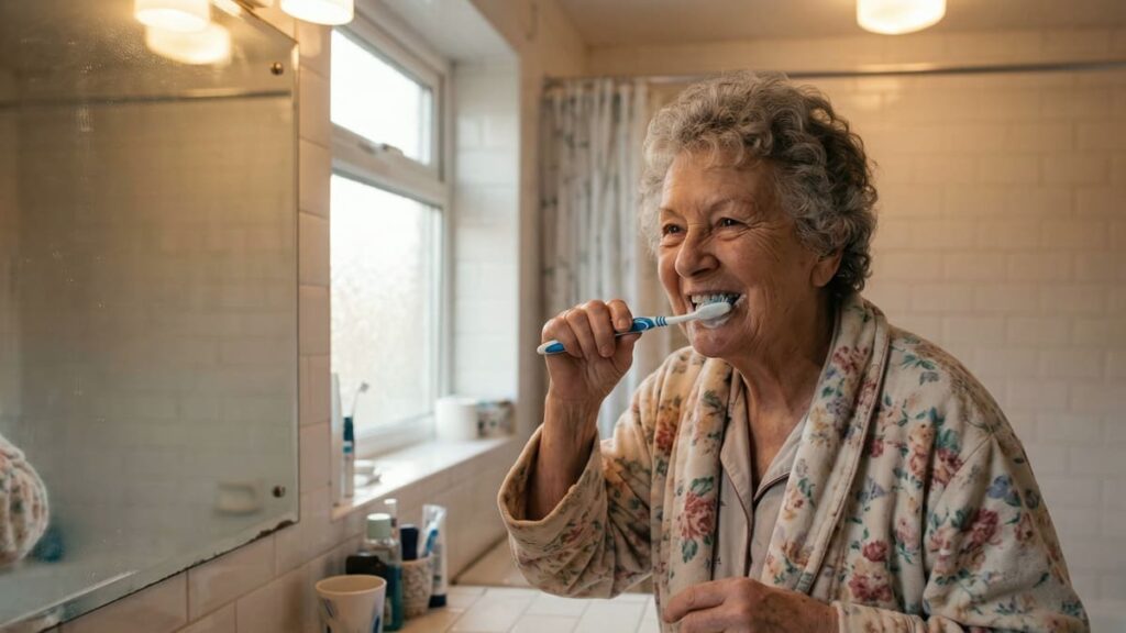 Rutinas ancianos con demencia Anciana cepillándose los dientes.