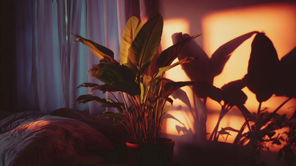 Ritmos circadianos ancianos Una serena planta de interior capturada bajo la suave iluminación de un dormitorio, proyectando delicadas sombras que reflejan la biofilia y los ritmos circadianos.