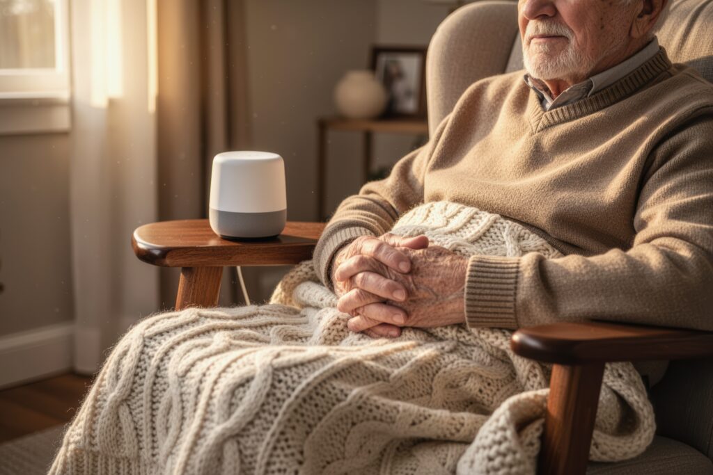 Domótica en ancianos Un anciano envuelto en una manta de punto se sienta en una acogedora sala de estar con un altavoz inteligente en una mesita auxiliar y luz natural cálida, dejando espacio para texto en la pared cerca de la ventana, transmitiendo así una tranquila rutina doméstica.
