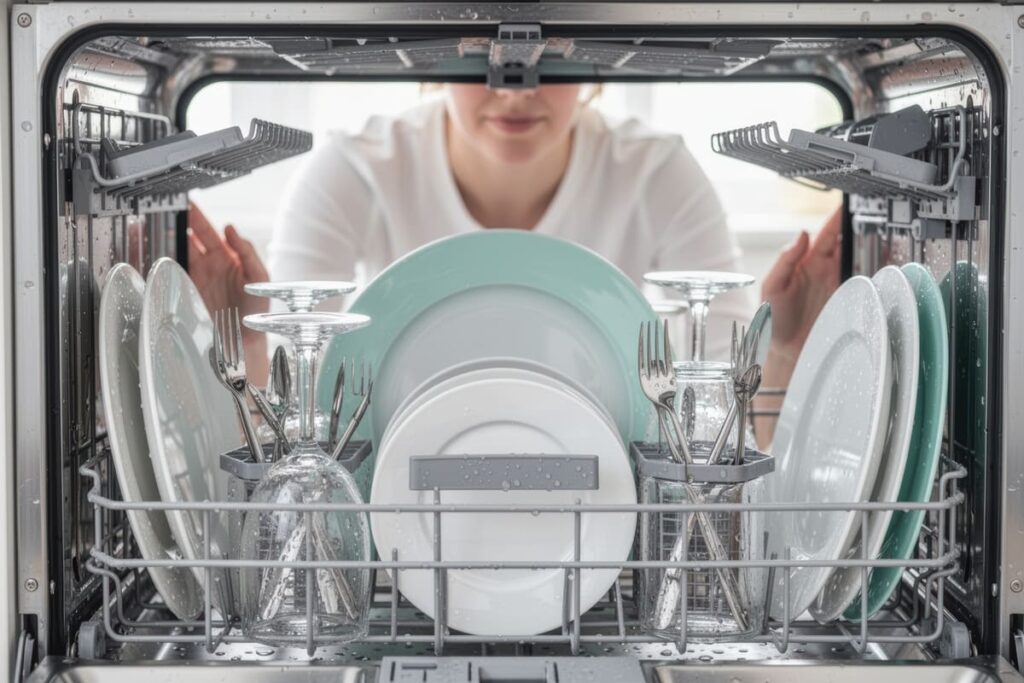 Señales de que tu padre o madre no puede vivir solo Mujer abriendo lavavajillas con los platos y menaje limpios